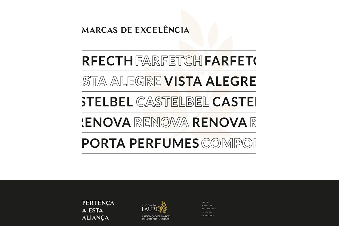 Laurel website — Marcas de excelência list of member brands in outlined and solid type, dark footer