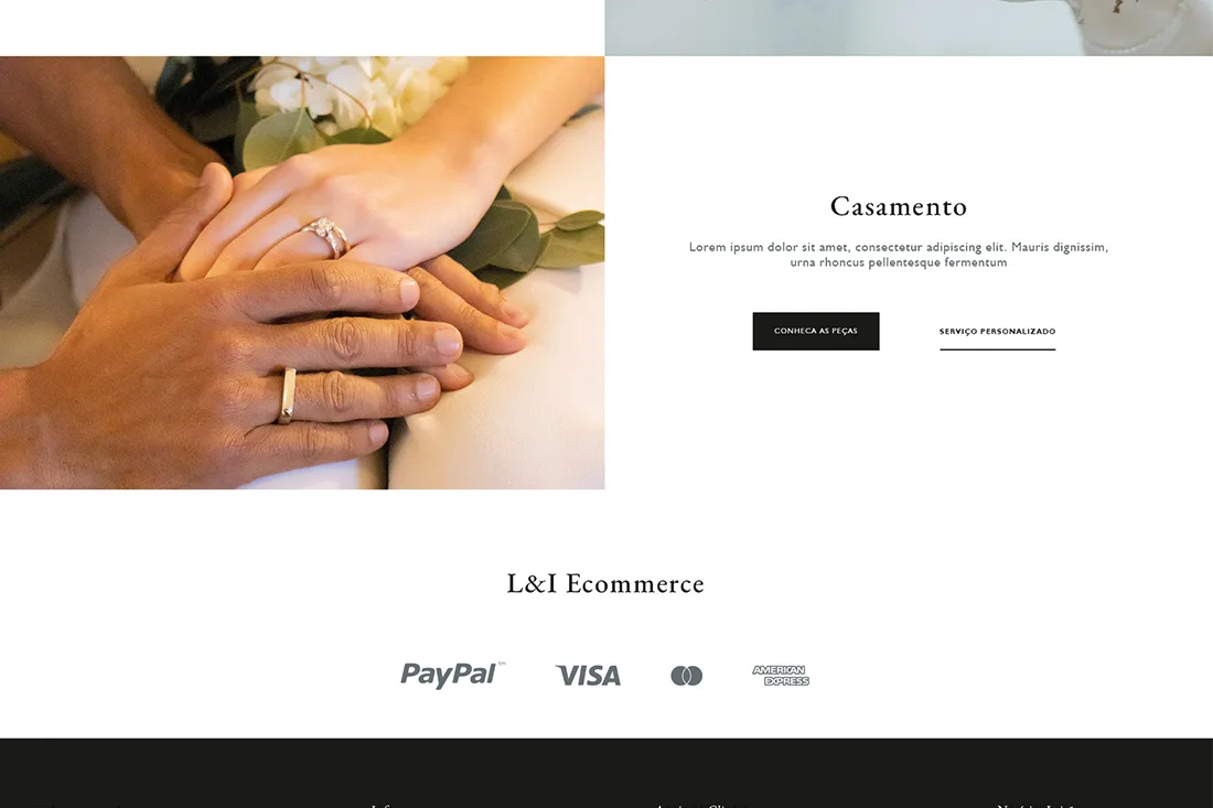 Leitão & Irmão — website "Casamento" section with wedding rings on joined hands and accepted payment logos
