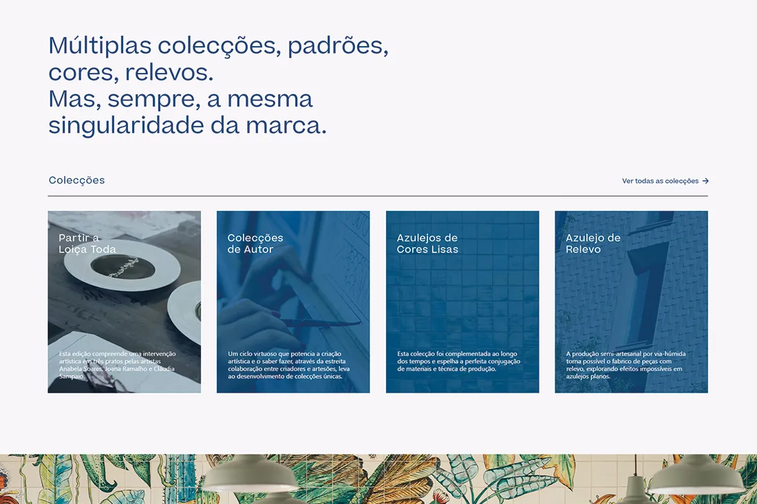 Viúva Lamego website — Coleções section with headline Múltiplas colecções, padrões and four blue tiles