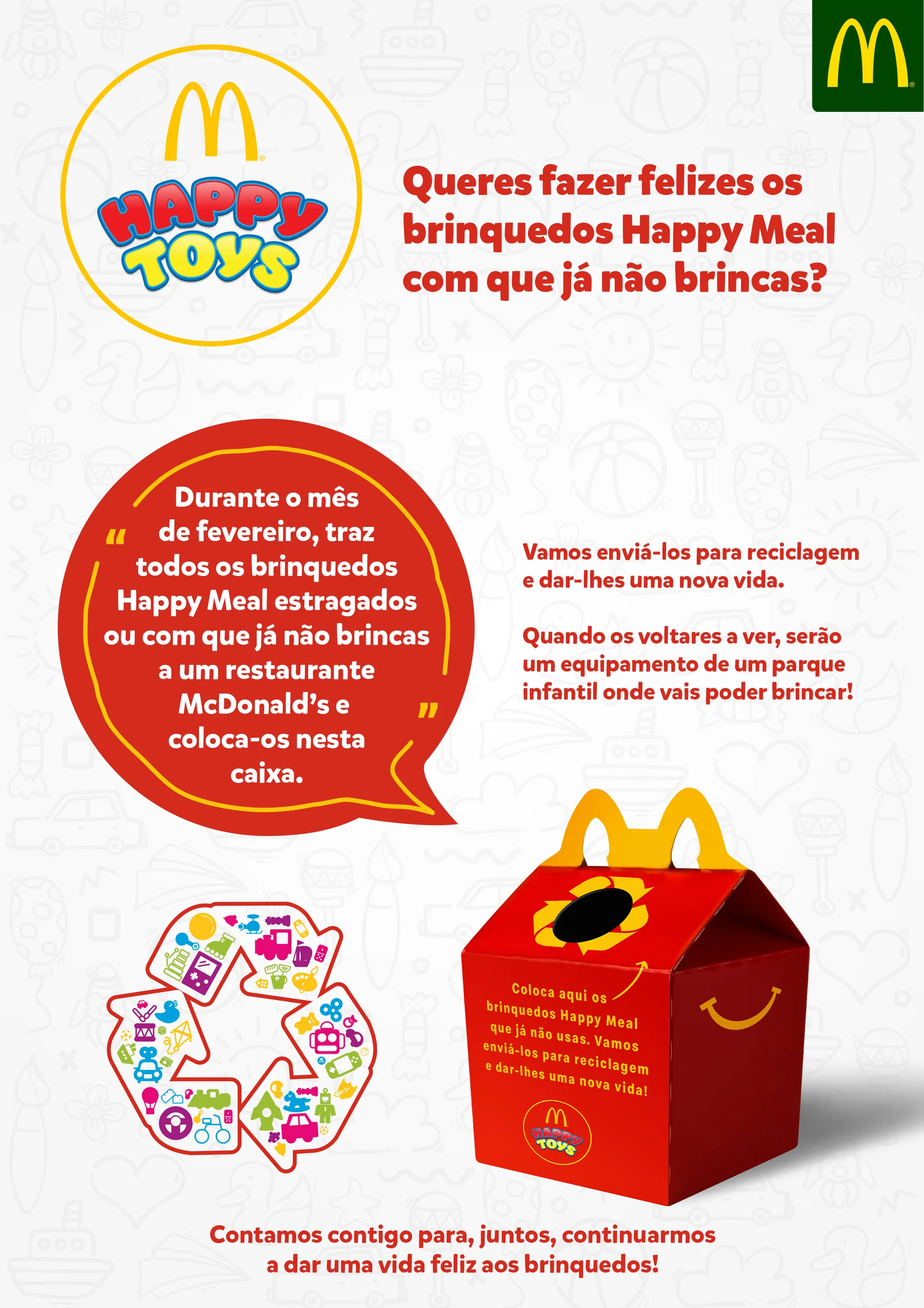 McToys — Happy Toys poster with a speech bubble, toy recycling symbol and a Happy Meal collection box