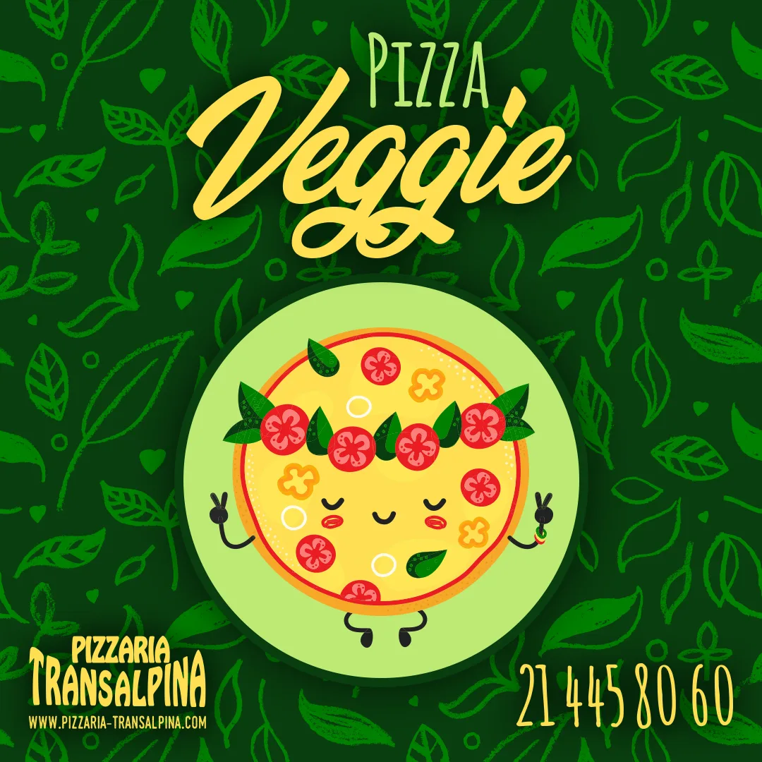 Pizzaria Transalpina — Pizza Veggie social post with a smiling cartoon pizza on a green leaf pattern
