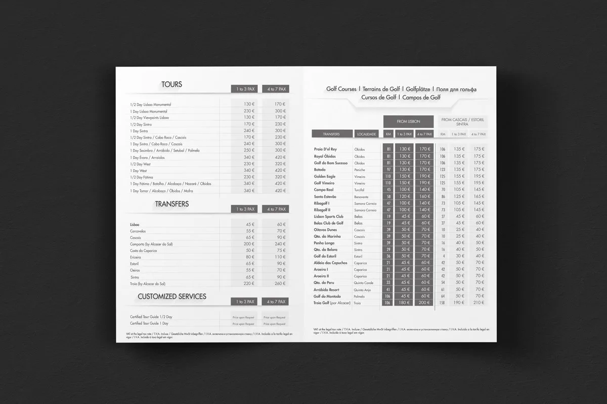VipVan: price list spread with tours, transfers, customized services and golf course rates