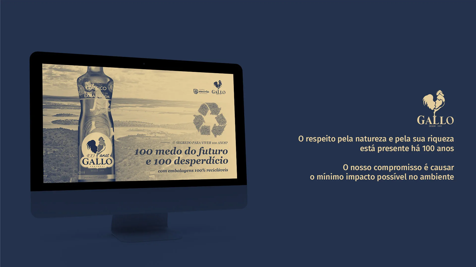 100 Anos de Sustentabilidade — Gallo recycling banner on a monitor beside text about respect for nature