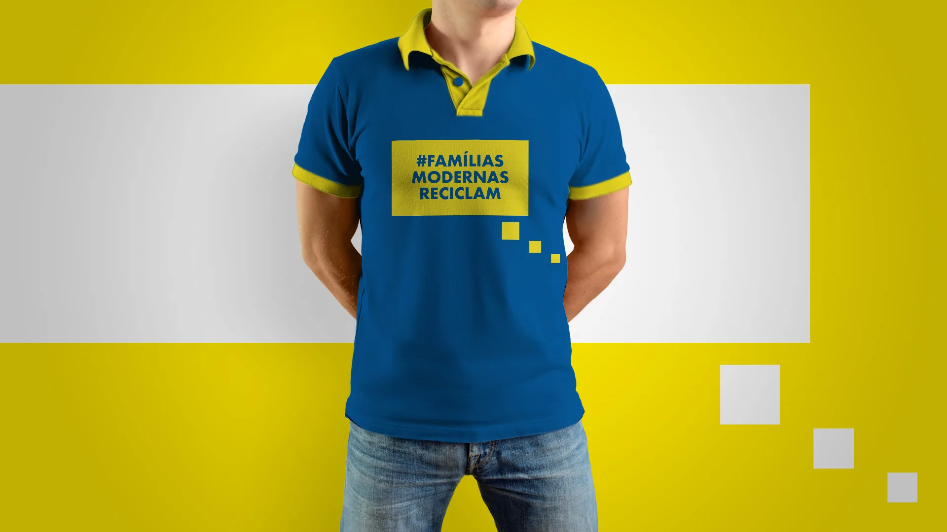 Famílias Modernas Reciclam — front of a blue staff polo shirt printed "#Famílias Modernas Reciclam"