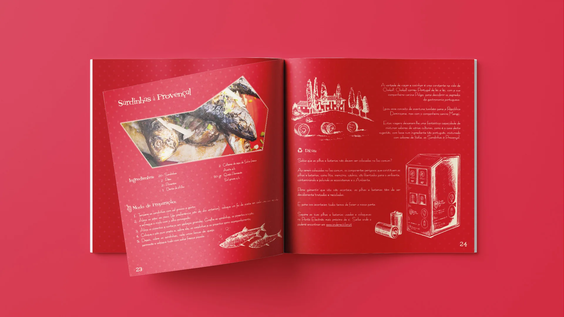 Um Guia Sustentável na Cozinha — open recipe booklet spread with a fish dish and illustrated kitchen sketches