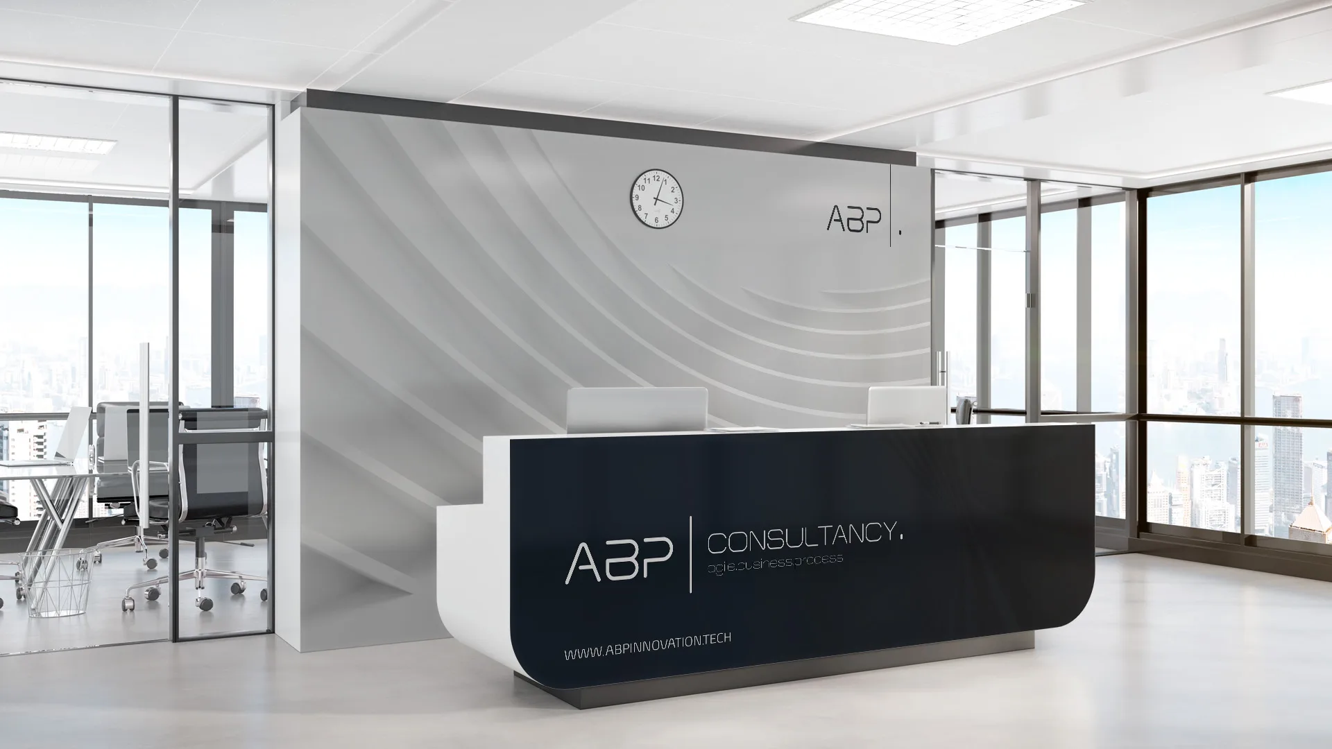 ABP — office reception mockup with ABP Consultancy branding on a dark desk