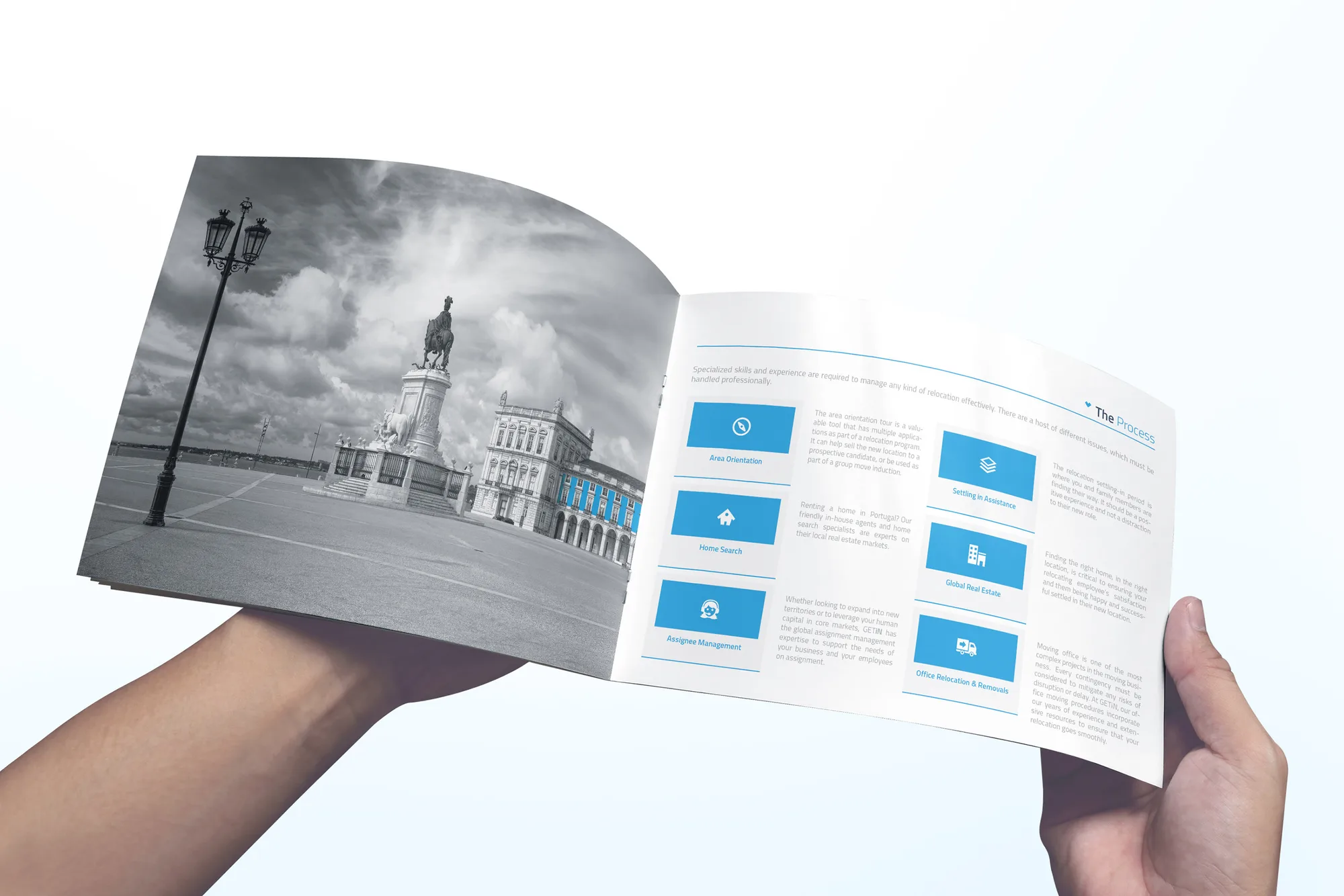 GETiN — open brochure spread with a city square photo and icon-based services grid