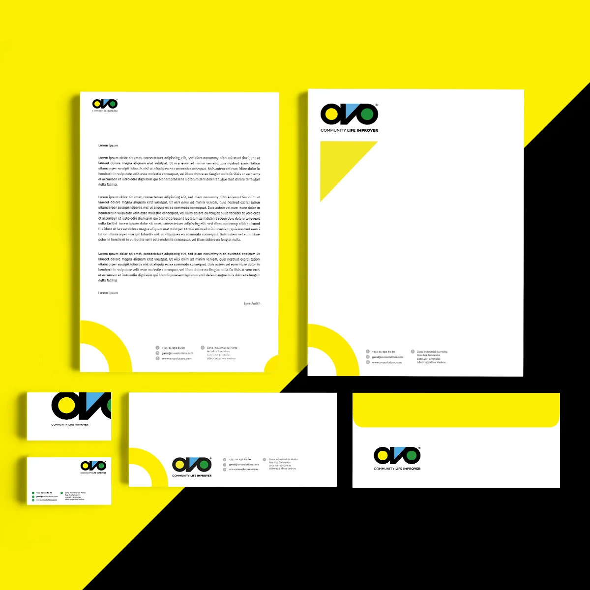 Ovo Solutions — stationery set with letterhead, business cards and envelopes on yellow and black