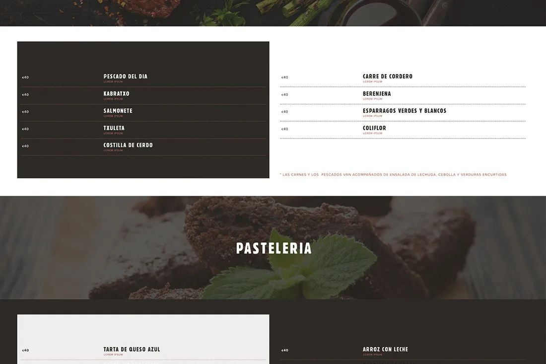 Basque website — menu list with Pastelería banner over a chocolate dessert
