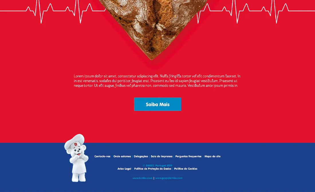 Bimbo website — red call-to-action band and blue footer with mascot