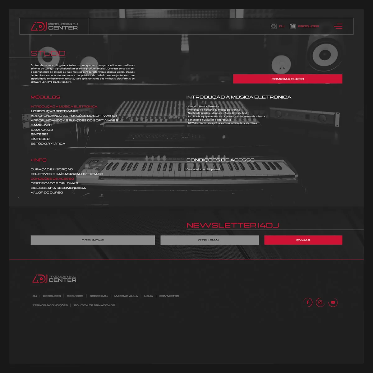 ci4DJ & store4DJ — course page with modules, studio equipment photos and newsletter form