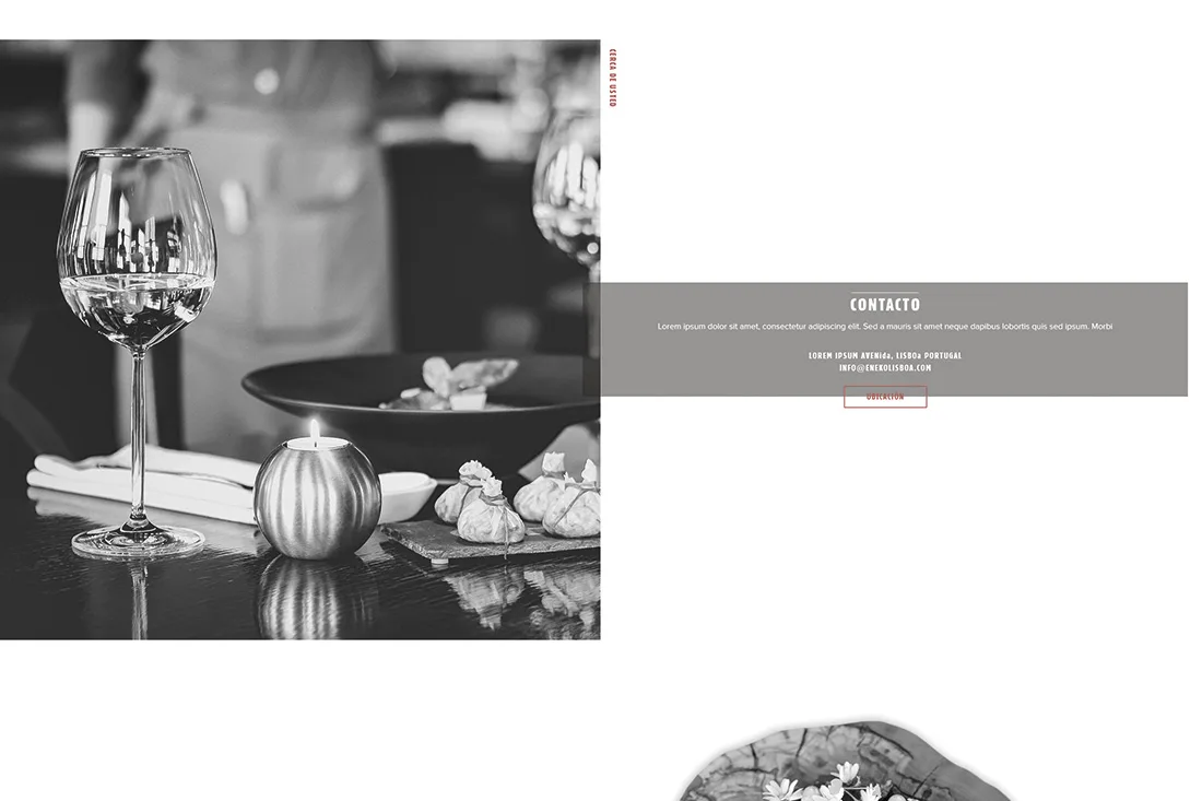 Eneko website — contact section beside a black-and-white table setting photo