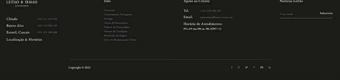 Leitão & Irmão — dark website footer with store locations, info links, contact details and newsletter field