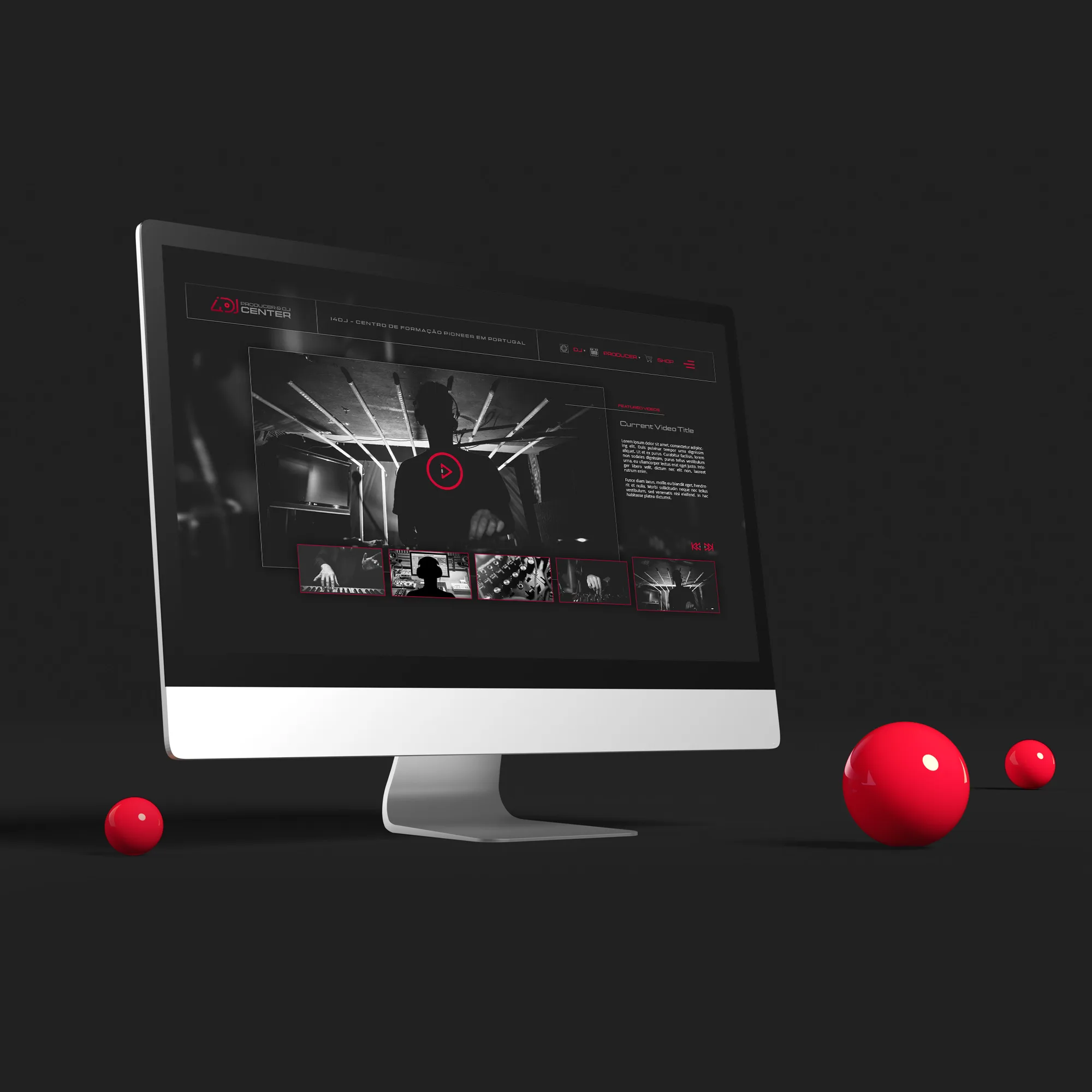 i4DJ — dark website design shown on a desktop monitor with red spheres