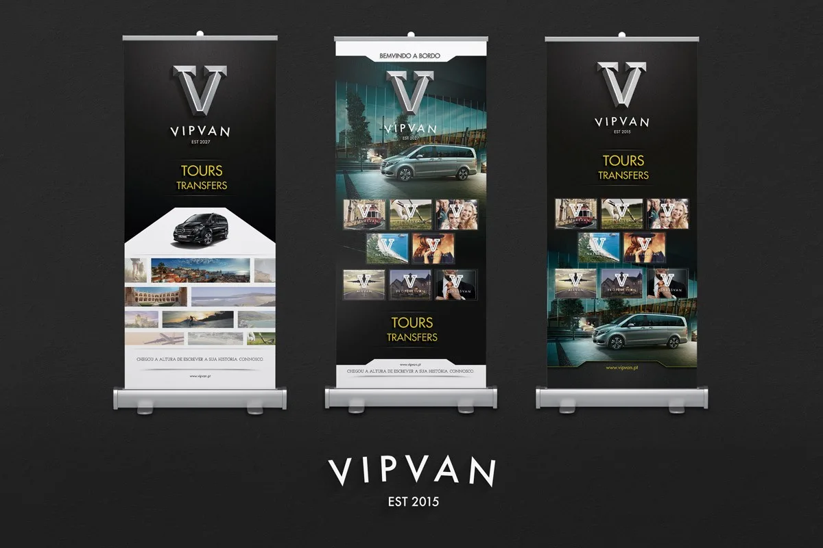 VipVan: three roll-up banners for tours and transfers, black with gold type and the chrome V logo