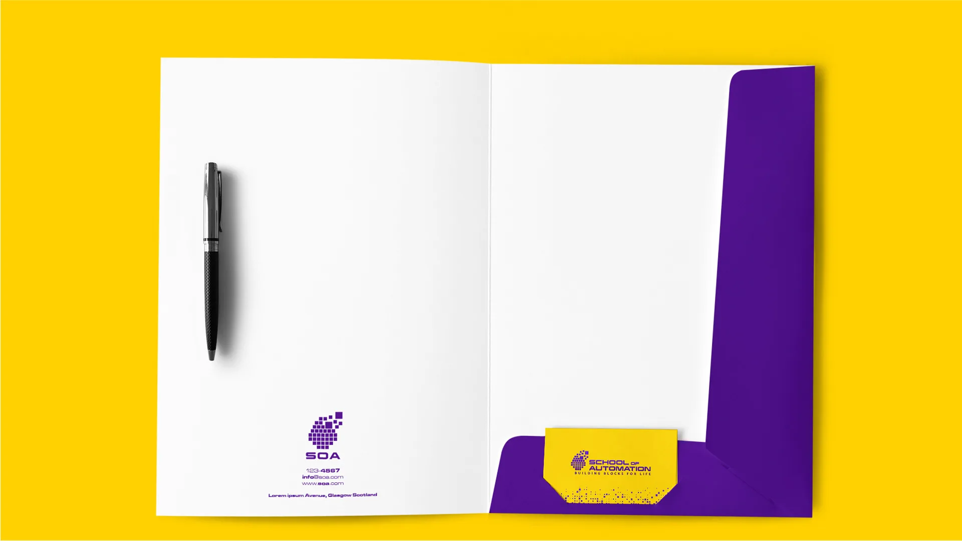 SOA – School of Automation — open presentation folder with letterhead and pen on yellow background