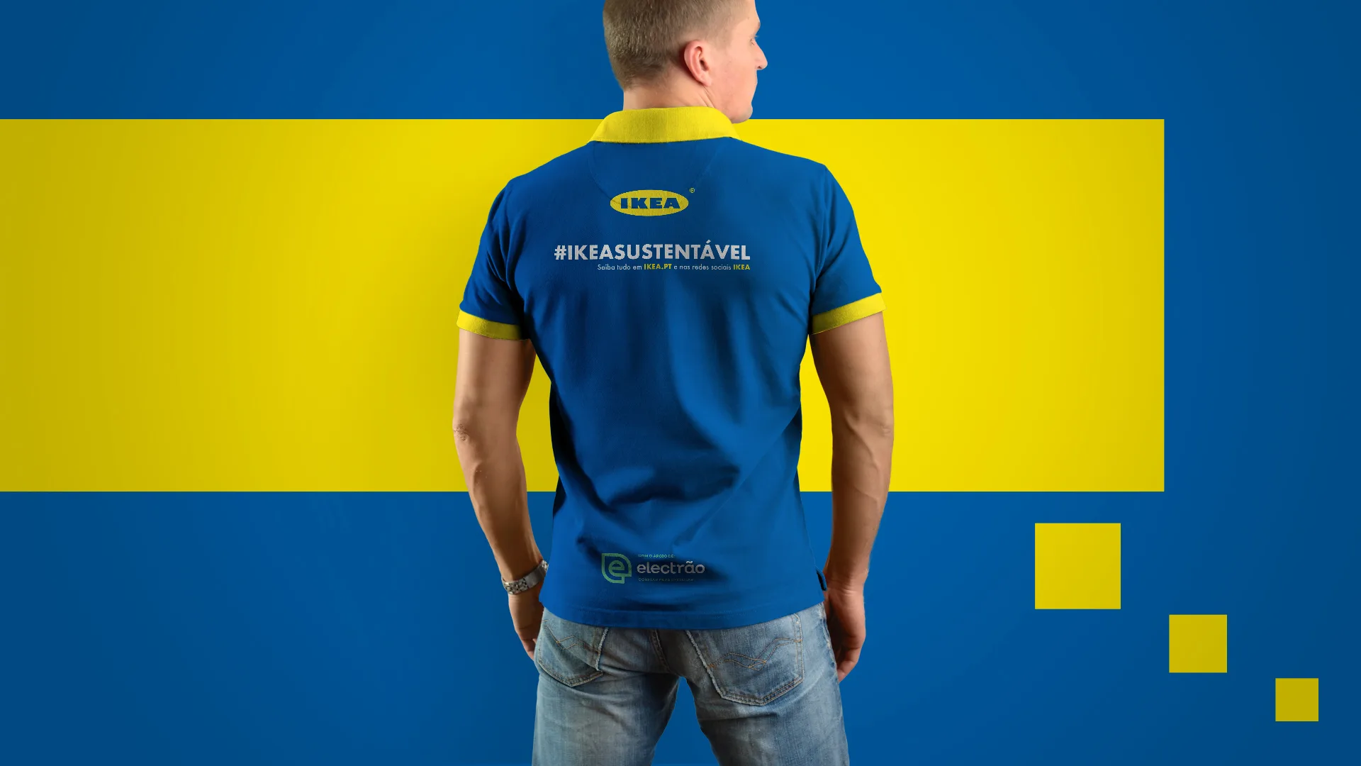 Famílias Modernas Reciclam — back of a blue staff polo shirt with IKEA logo and #IKEASustentável