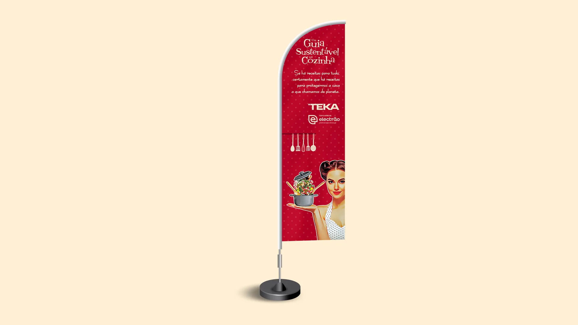 Um Guia Sustentável na Cozinha — red feather flag banner with booklet title and retro woman illustration