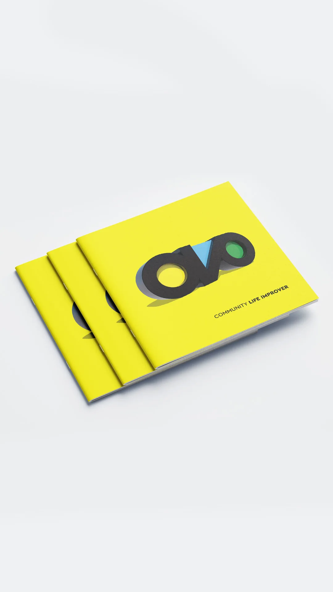 Ovo Solutions — stack of yellow square brochures with the Ovo logo