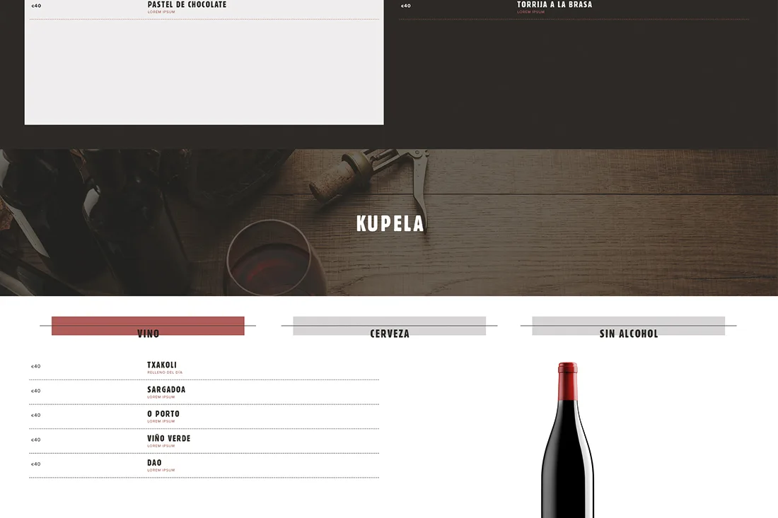 Basque website — Kupela drinks menu with wine, beer and soft drink tabs and a wine bottle
