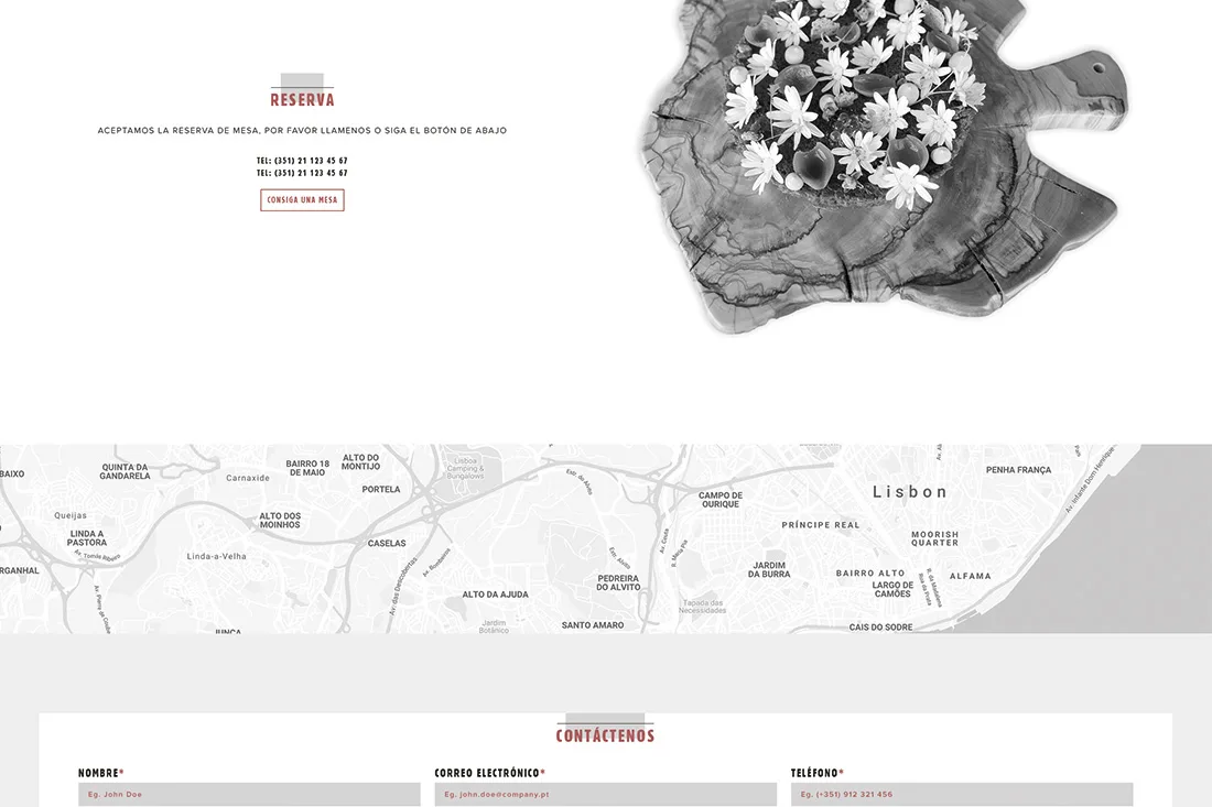 Eneko website — reservation section, Lisbon map and contact form
