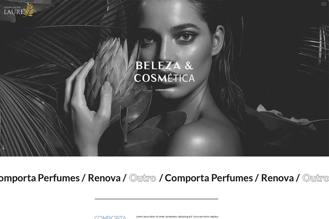 Laurel website — Beleza & Cosmética page hero with black-and-white portrait and scrolling brand names