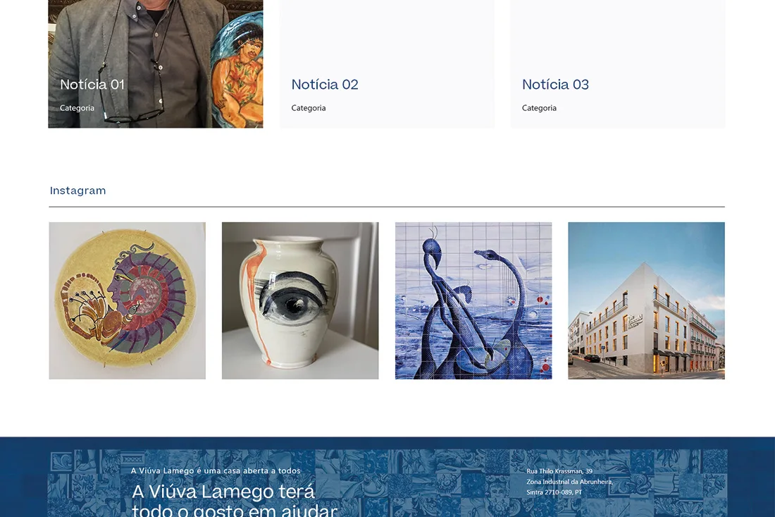 Viúva Lamego — website news cards and Instagram grid of tile and ceramic pieces above a blue azulejo footer banner