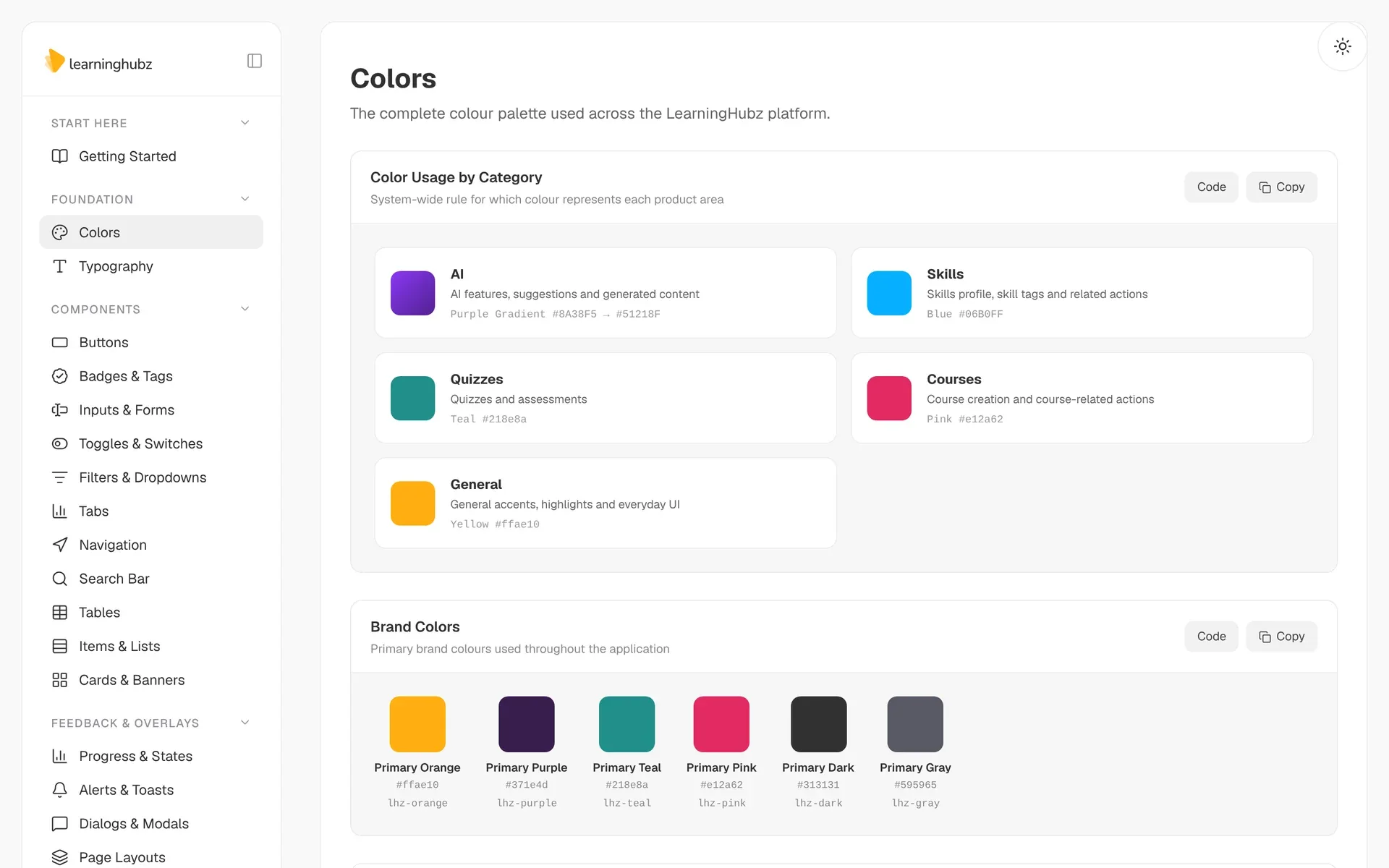Learninghubz design system — colours page of the UI kit