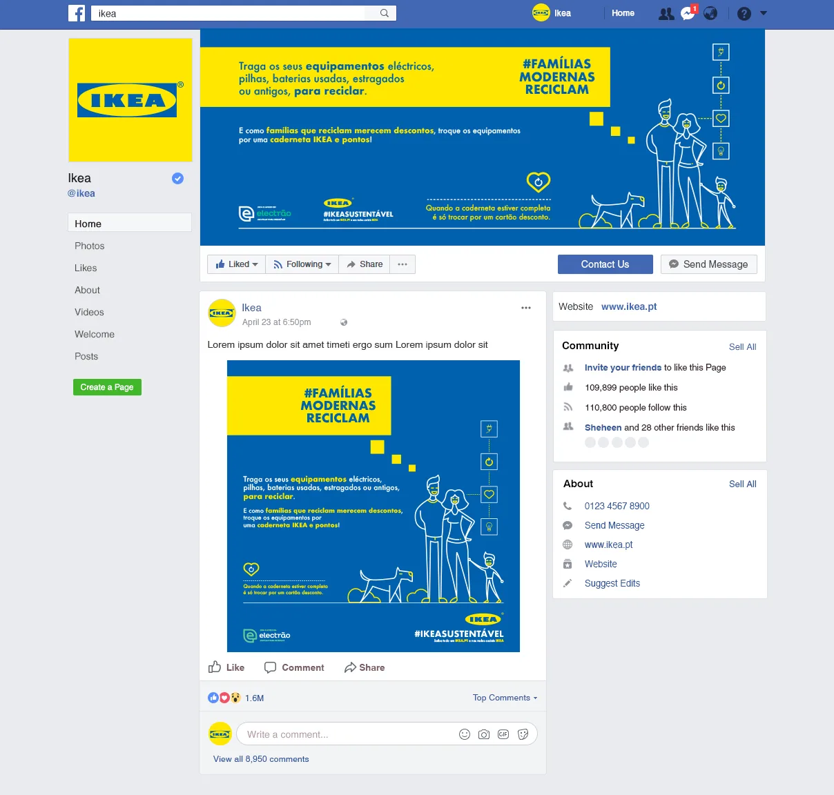 Famílias Modernas Reciclam — Facebook page mockup for IKEA with campaign cover and #FamíliasModernasReciclam post