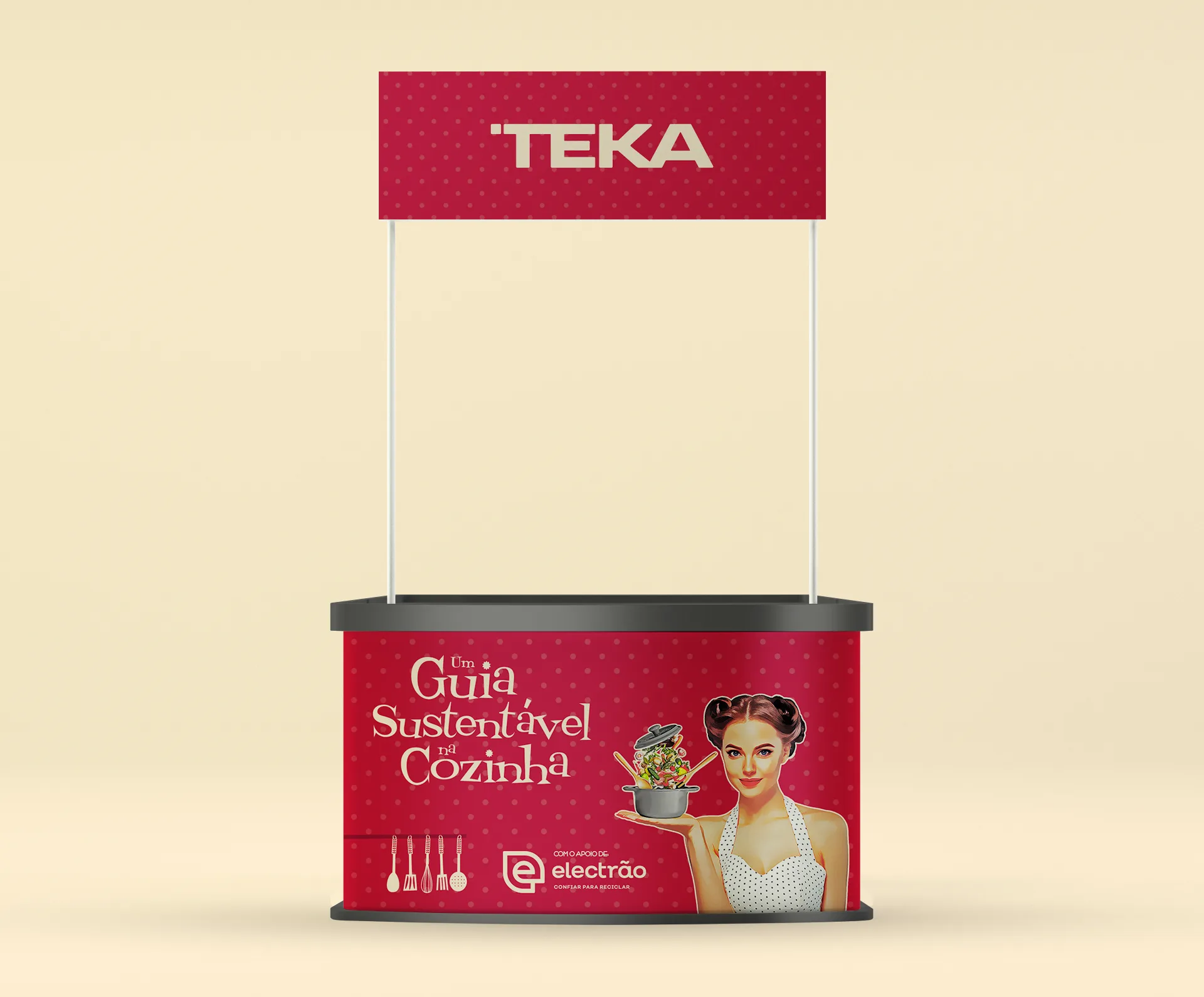 Um Guia Sustentável na Cozinha — red Teka promotional counter with the retro woman illustration