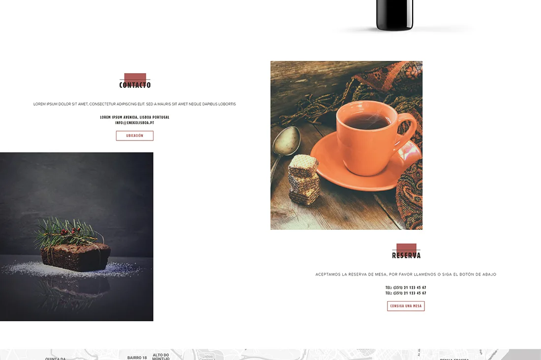 Basque website — Contacto and Reserva sections with a coffee cup and food photos