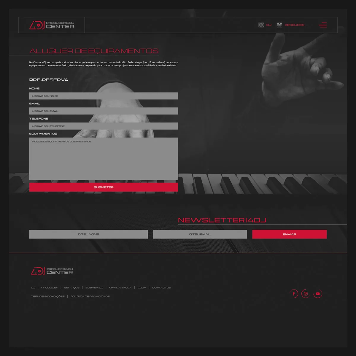 ci4DJ & store4DJ — equipment rental pre-booking form over a keyboard photo