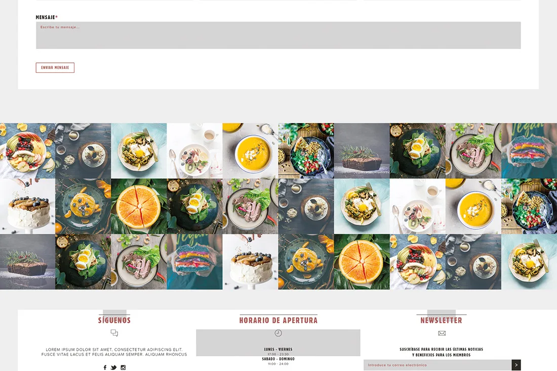 Eneko website — Instagram-style food photo grid above opening hours and newsletter