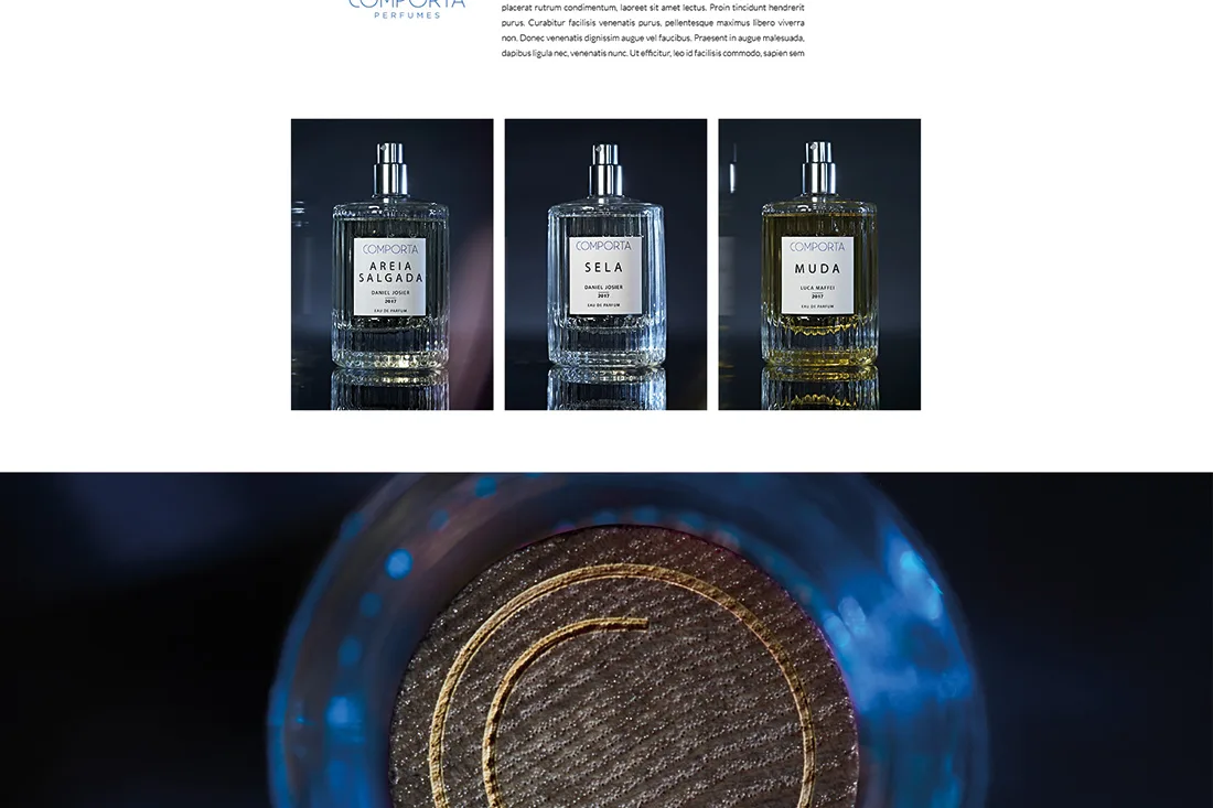 Laurel website — brand section with three Comporta Perfumes bottles and a close-up of a bottle cap