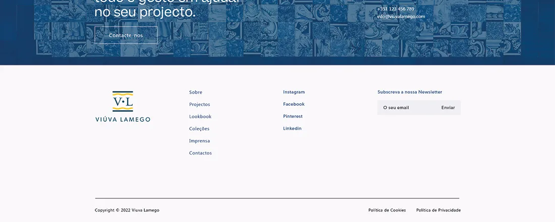 Viúva Lamego — website footer with VL logo, navigation and social links, and newsletter signup field