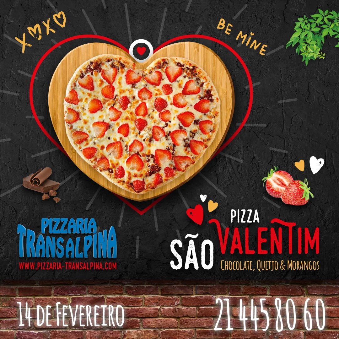 Pizzaria Transalpina — São Valentim social post with a heart-shaped strawberry pizza on dark slate