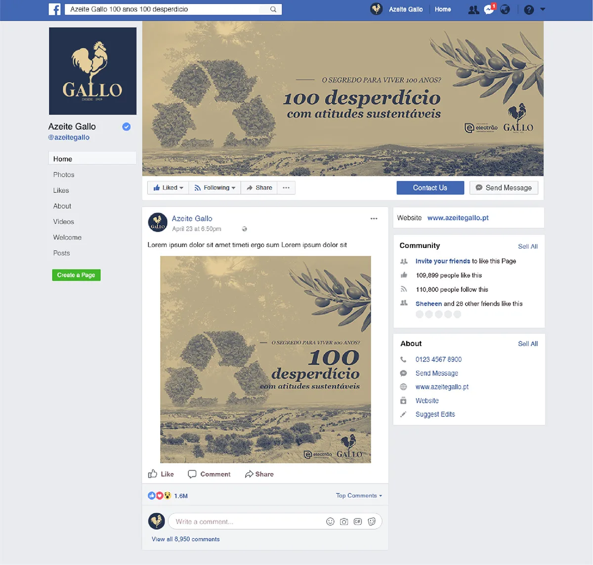 100 Anos de Sustentabilidade — Facebook page mockup for Azeite Gallo with campaign cover and recycling post