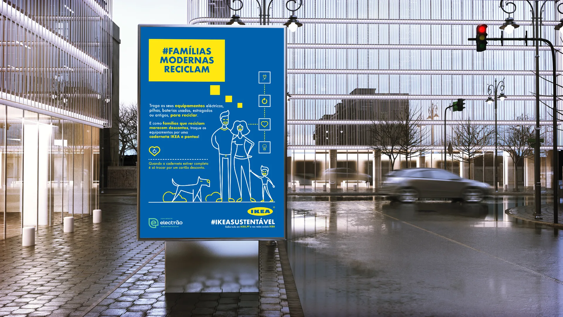 Famílias Modernas Reciclam — IKEA street poster with line-drawn family and #FamíliasModernasReciclam