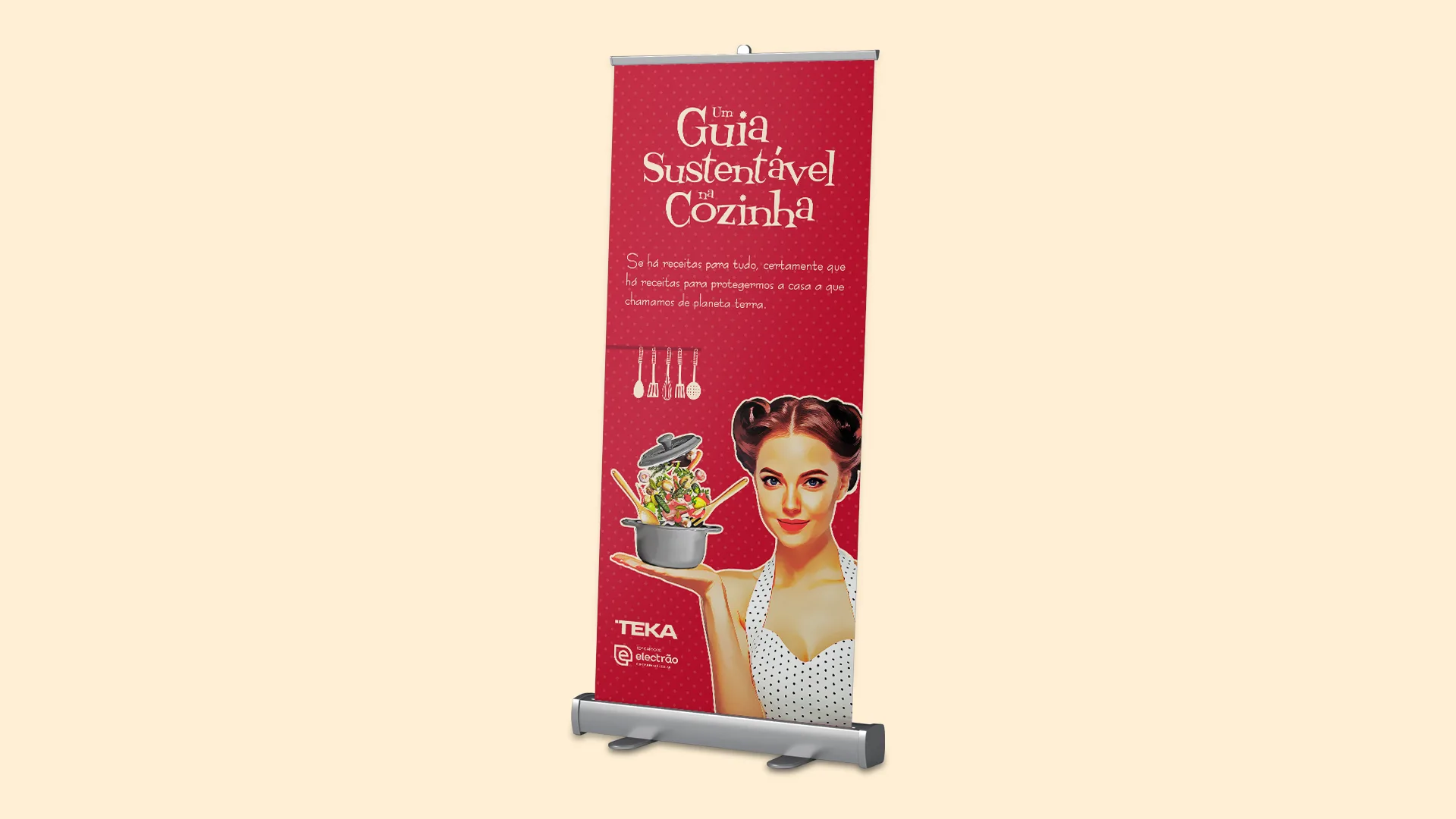 Um Guia Sustentável na Cozinha — red roll-up banner with booklet title and retro woman holding a pot