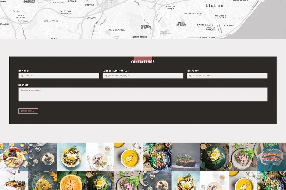 Basque website — Contáctenos form over a Lisbon map, with food photo strip below