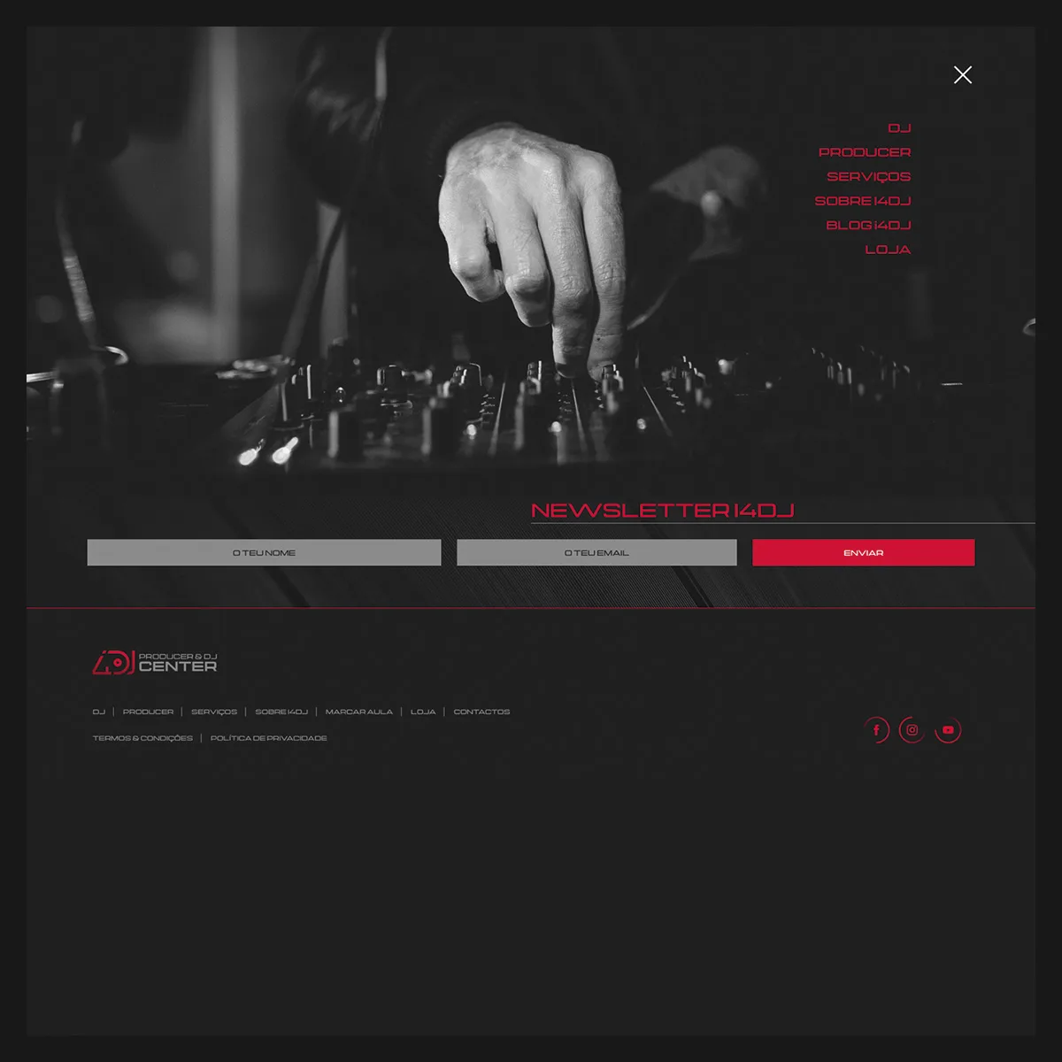 ci4DJ & store4DJ — open menu over hands on a DJ mixer, with newsletter form and footer