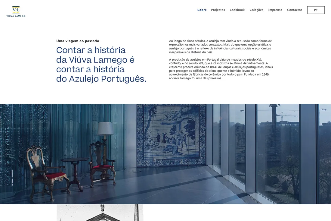 Viúva Lamego — website about page headed "Contar a história da Viúva Lamego" over a blue-tiled interior photo
