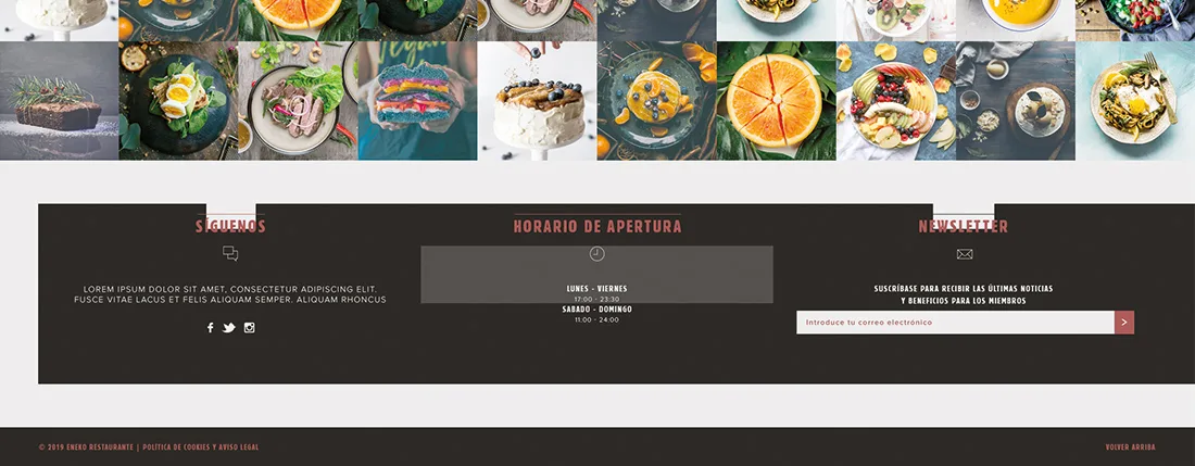 Basque website — footer with food photo strip, opening hours and newsletter signup