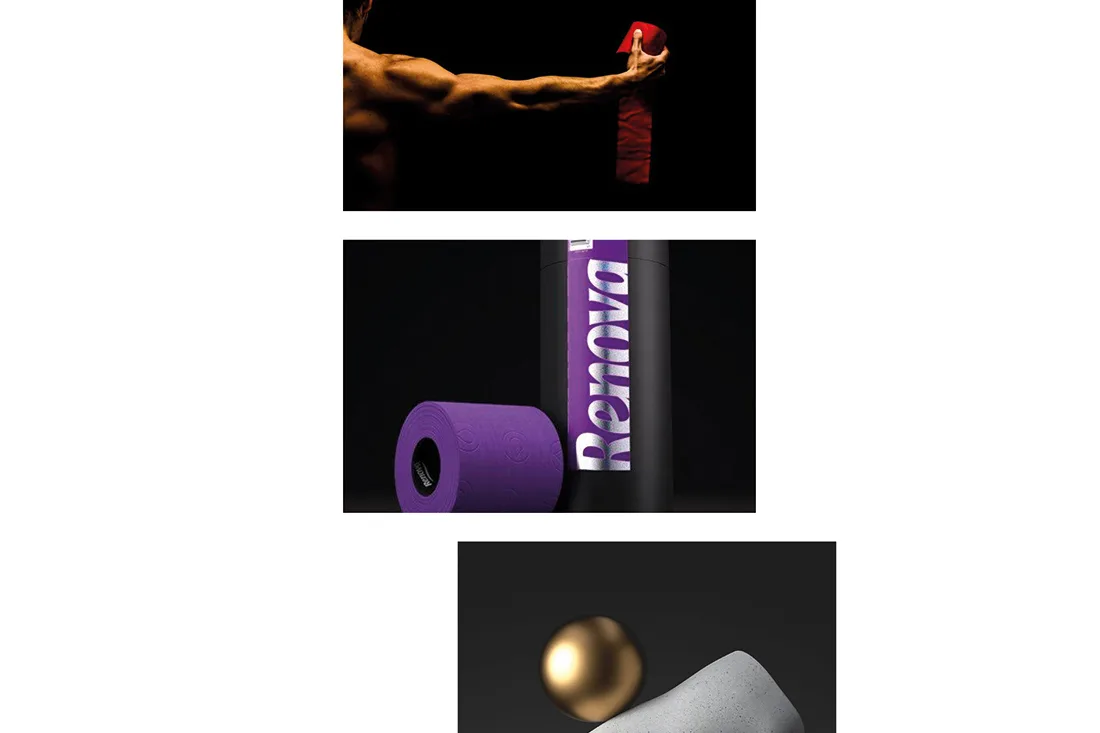 Laurel website — brand photo column with a red ribbon, purple Renova toilet roll and gold sphere