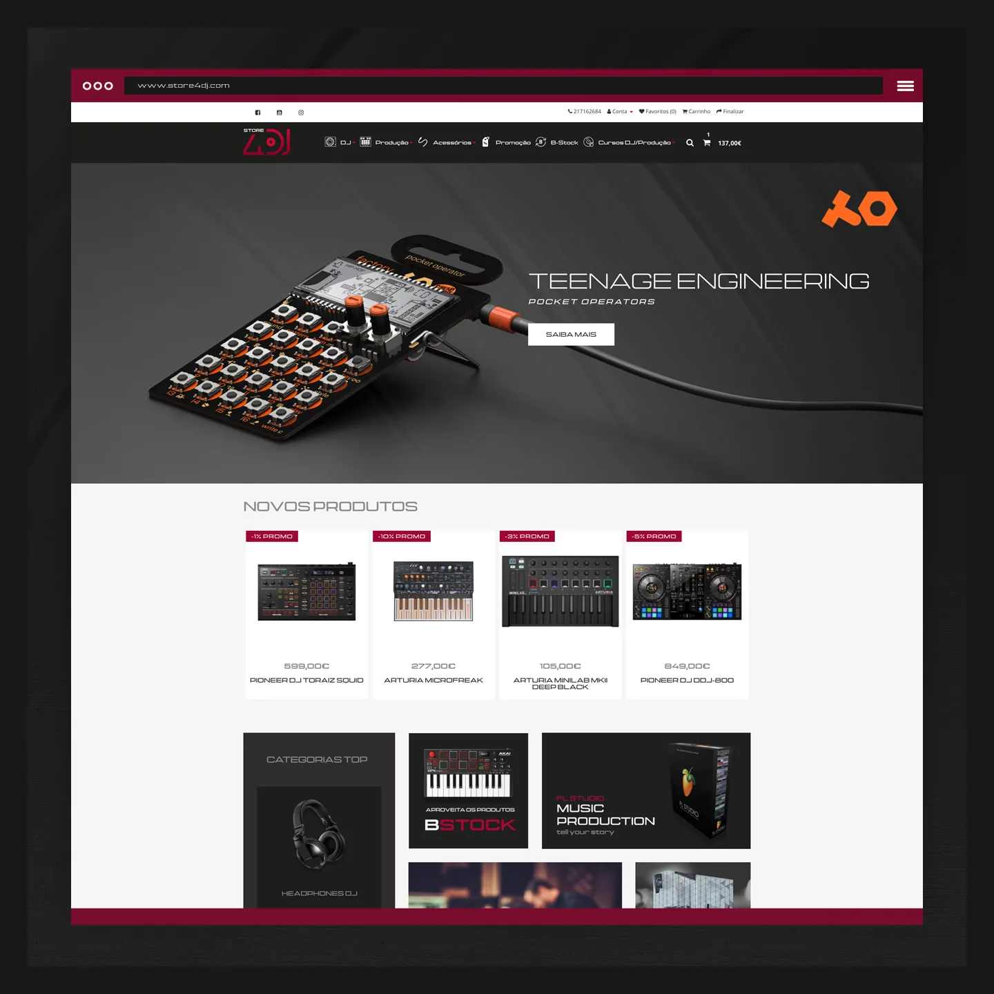 ci4DJ & store4DJ — store homepage with Teenage Engineering pocket operator hero and new products