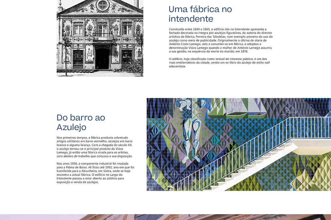 Viúva Lamego — website history sections "Uma fábrica no Intendente" and "Do barro ao Azulejo" with tiled facade images