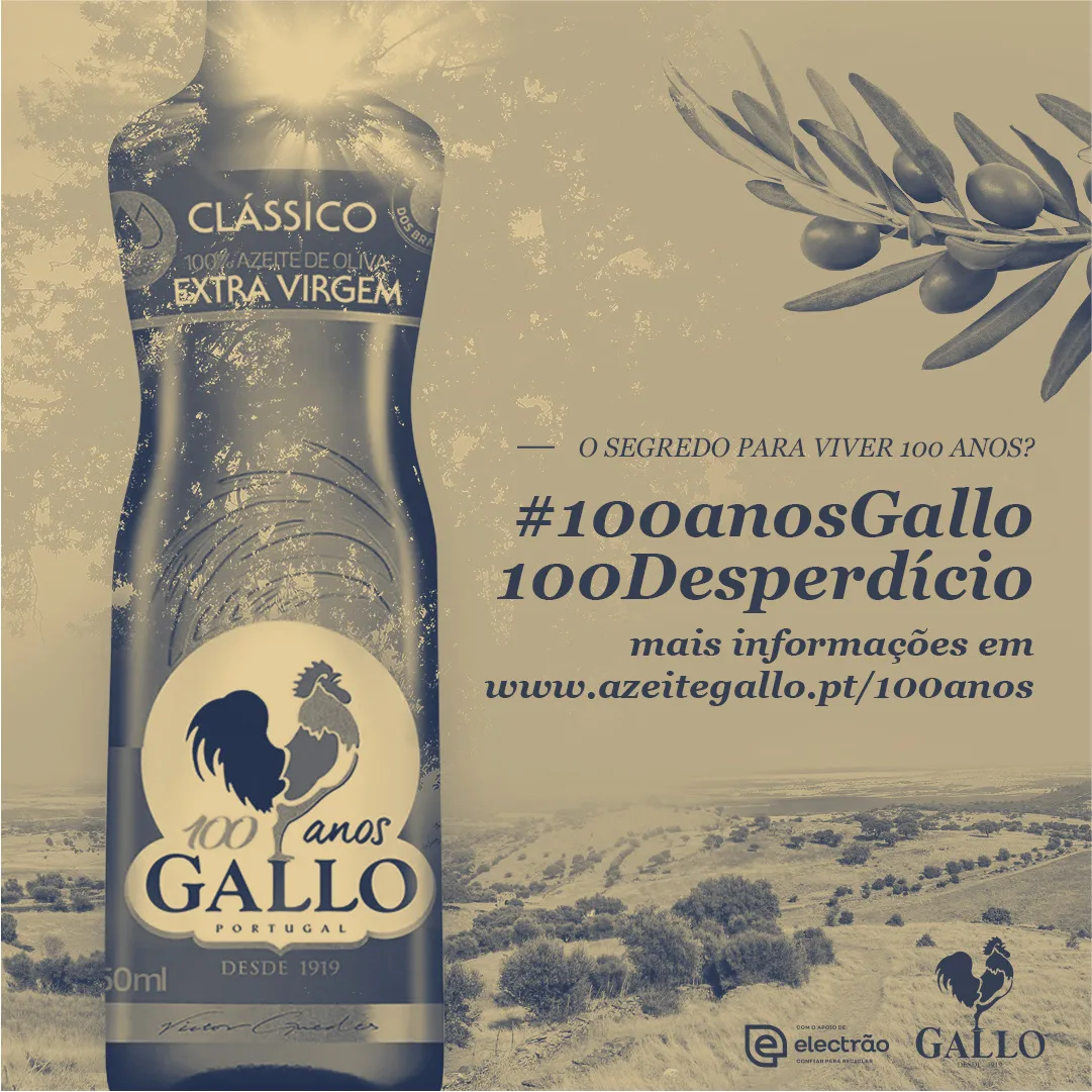 100 Anos de Sustentabilidade — sepia Gallo olive oil bottle ad with #100anosGallo headline