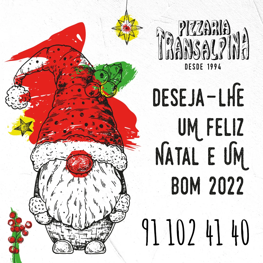 Pizzaria Transalpina — Christmas greeting social post with an illustrated gnome in a red hat