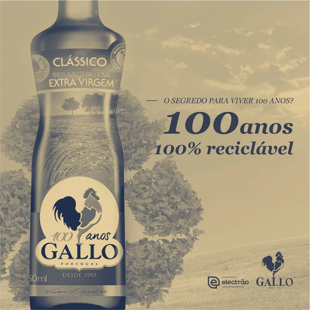 100 Anos de Sustentabilidade — square Gallo social post "100 anos 100% reciclável" with olive oil bottle