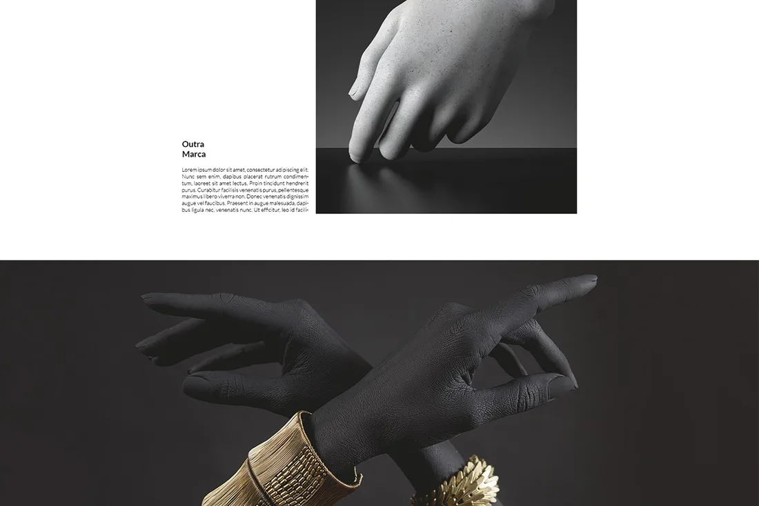Laurel website — Outra Marca section with sculptural hands wearing gold bracelets
